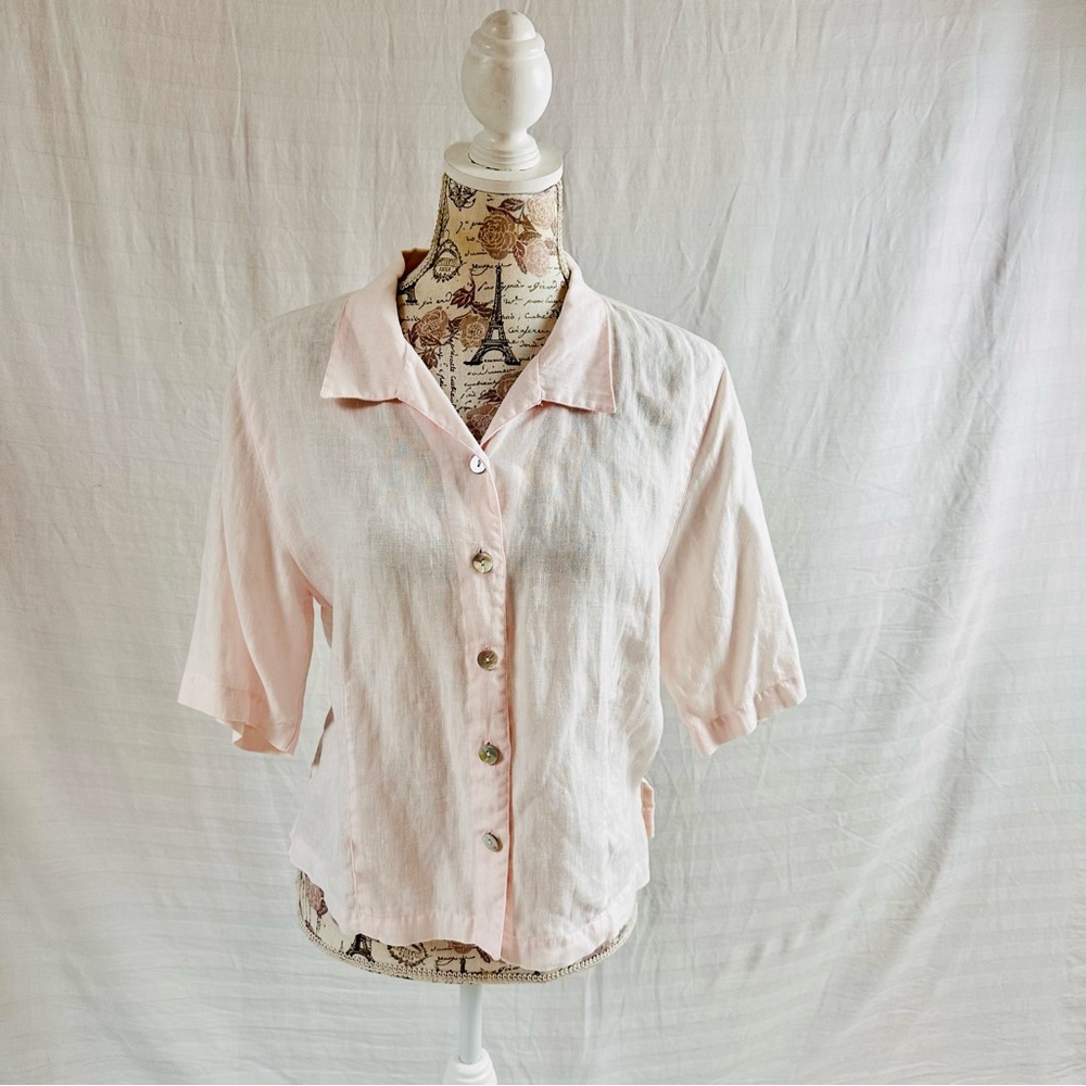 Lino by Chico’s Short Sleeve Pink Linen Button Down Shirt Size Large